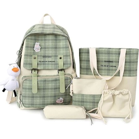 Kawaii Plaid Rygsæksæt 5 stk Kvinder Sød Salviegrøn Æstetisk Taske Skoletaske Daypack Over 6 år grøn{ee]