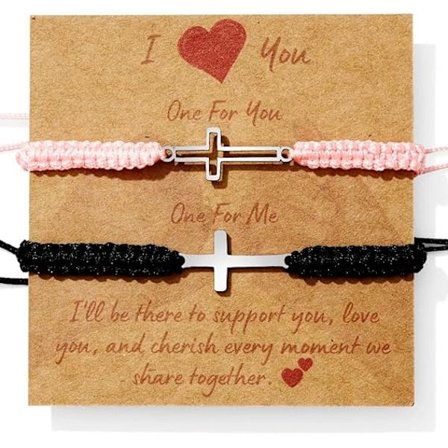 2 stk. Justerbart pararmbånd - Kristent kors - Rustfritt stål - Sterkt vevd tau - Par-, familie- og vennskapsarmbånd for menn og kvinner Gave