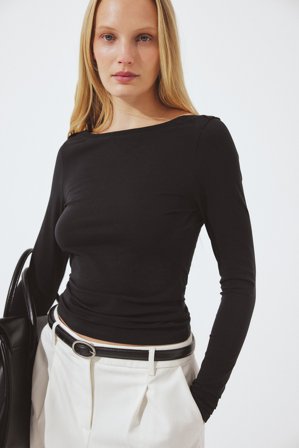 NA-KD Boat Neck Long Sleeve Top - Basic toppe - Sort - L