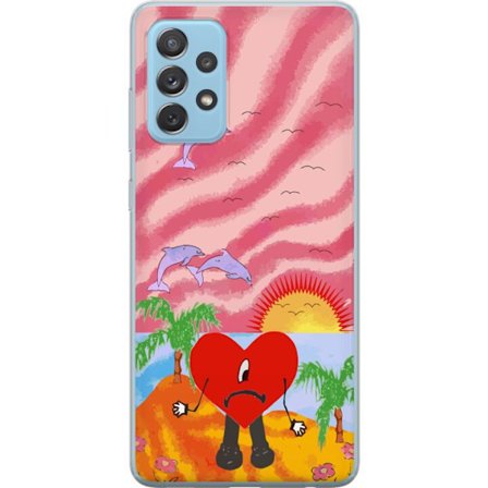 Kompatibel Mobilcover til Samsung Galaxy A52 5G Bad Bunny i en farverig quiltet jakke med hjertemønster og solbriller i moderne gade stil