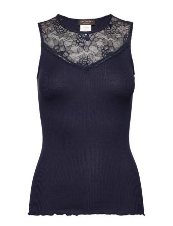 Silk Top Regular W/Lace Top Ærmeløs Top Navy Rosemunde