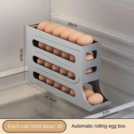 4-lags eggestativ for kjøleskap Eggdispenser Automatisk rullende eggbrett Oppbevaring 30 eggbeholder Gray