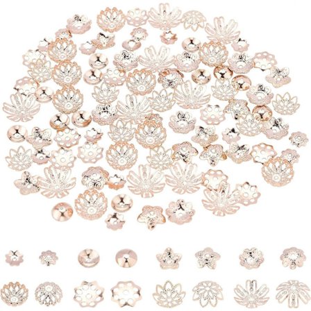 80 stk. 304 Perlehette i rustfritt stål, 8 stiler, Muiti-Petal, rund filigran blomsterkoppform, perle rosegull avstandsperler for armbånd, halskjede, 