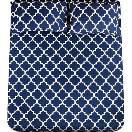 Printed Queen Lakan Set - 1 Fitted Laken, 2 Örngott - Mjukt borstat mikrofibertyg - Krymp- och blekningsbeständig (Queen, Quatrefoil Navy med W