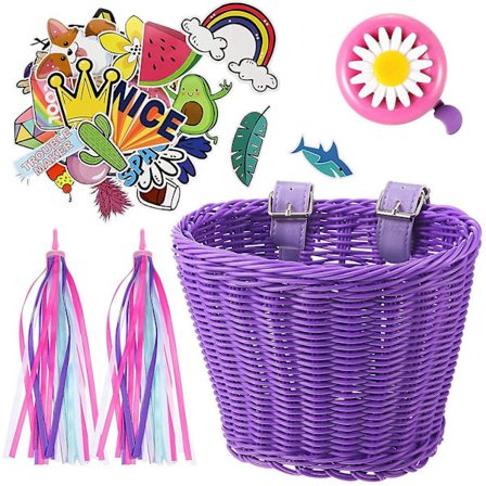 Børnecykelkurv streamersæt, enhjørning børnecykel styr fletkurv cykelstreamere klokke og klistermærker, cykelkurv frontdekoration til
