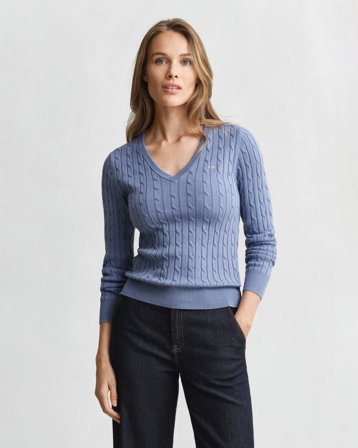 GANT Damen Zopfstrick V-Neck Pullover aus Stretch-Baumwolle (XL) Blau