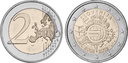 Slovenien 2012 - 10 år for eurosedler og mønter - 2 euro mønt