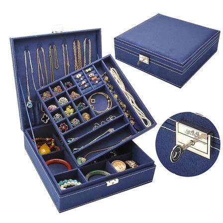 Trä fyrkantig dubbellager Retro smycken förvaringsbox Navy