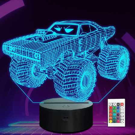 Qinwei Monster Trucks Nattlys Vroom 3D Illusjonslampe 16 Farger Endring med Fjernkontroll Kreative Bursdagsgaver for Barn Gutter Soverom Decor
