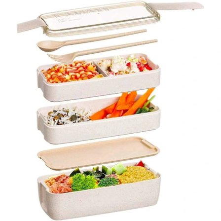 Japansk Bento Box Madkasse, Genanvendelig 3-i-1 Rum, Bento Madkasse Madopbevaringsbeholder med Gaffel, Ske Khaki