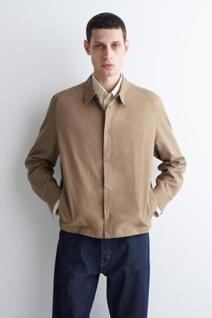 COS Herren Baumwoll-Hemdjacke Mit Kontrasteinsätzen - Beige