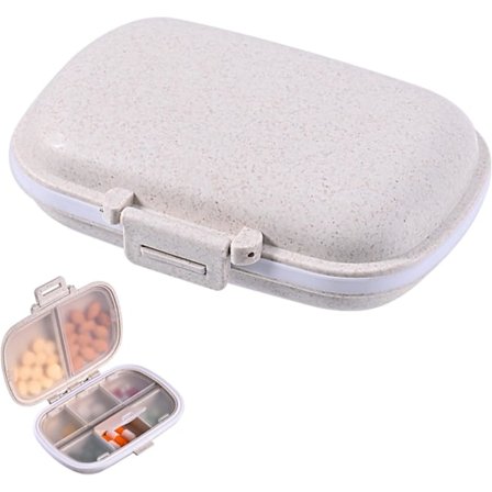 Pillerdosa med 8 fack för resor, liten beige låda för plånboken, kompakt behållare för mediciner och vitaminer.
