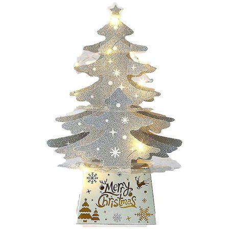 Julepynt Mini Skrivebord Juletrekort Pynt Glitrende Juletre Med Lys Sett - Sølv Lys