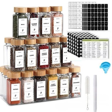 Glass Krydderglass med Metall Lokk - 336 Svenske Etiketter - 24 Pakning - 120 ml - Med Tilbehør