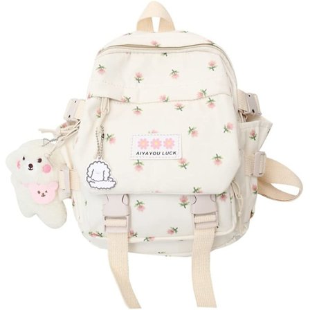Smuk rygsæk 10,6 tommer Kawaii rygsæk med vedhæng Mini pige rygsæk Sød skoletaske Japansk skoletaske Blomster rygsæk (Hvid)
