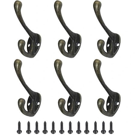 6-delt knagerække i vintagestil, metalknager, vægkroge med skruer, bronze