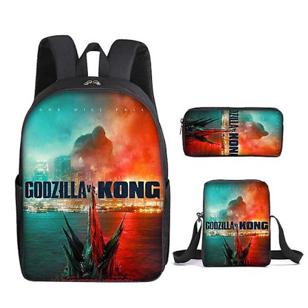 3 st/set Godzilla Vs Kong Ryggsäck Tryckt Väska Skolväska Med Pennfodral Messenger Bag DB