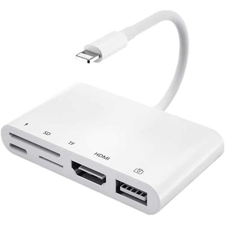 NÖRDIC Lightning adapter 1 til 5 porte 1xHDMI 1x 3,1 1x USB A Lightning til opladning 1xTF og 1xSD kortlæser