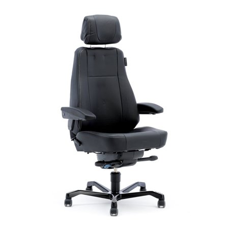 24 hour office chair LIVERPOOL, with armrests and headrest, black leather