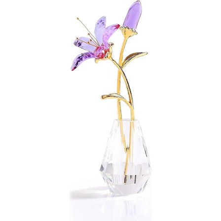 Kristall Blomsterfigur Lilja Blomma Samlarobjekt Gåvor till Kvinnor, Glas Lilium med Kristallvas Metallstam för Hem Bröllopsfest Dekor