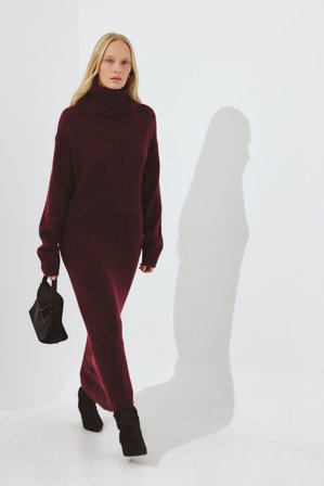 NA-KD Wool Blend Knitted Midi Dress - Basic Kjole - Burgundy - L (EU 42-44)
