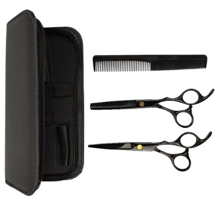 Professionelt frisørsæt - sort saks, kam, etui - 4 dele - Luksus