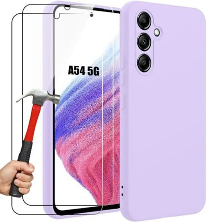 Coque - BOOLING - til Samsung Galaxy A54 5G - Silikonevæske - Mat Lilla - Kradsikker + 2 Tempered Glas