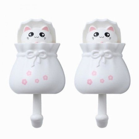 Stark krok självhäftande hållare krok dörr vägg hängande fri stansning självhäftande krok kök badrum kreativ söt vit katt krok