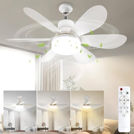E26/E27 Loftventilator med Lampe & Fjernbetjening – Støjsvag Ventilator, 3-Farvet Dæmpbar LED til Soveværelse/Køkken