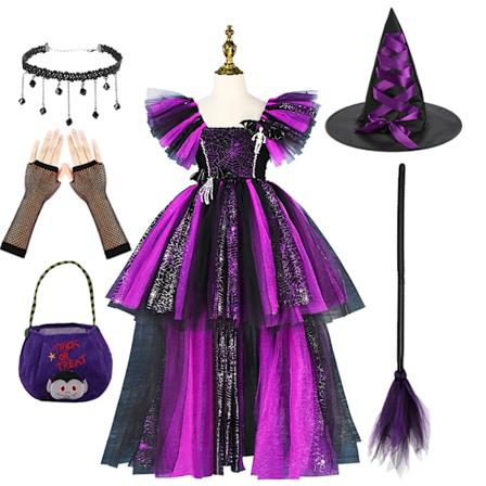 Disney Häxkostym Flickor Lila Mesh Släpande Klänning Maleficent Deluxe Flickor Fancy Halloween Fest Barn Cosplay Kläder 2-12T Witch Sets 04 10-11Y