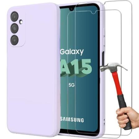 Fodral + 2 härdade glasögon för Samsung Galaxy A15 4G-5G, tunn Lättviktseffektivt stötsäkert silikonskydd Lila