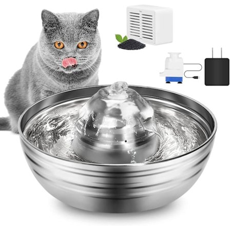 Kattefontæne i rustfrit stål til kat og hund, 67oz/2L støjsvag vandfontæne, automatisk kæledyrsvandfontæne med filter (rund form)