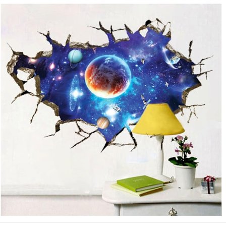3D ødelagt vegg blå utendørs kosmisk galakse planet flyttbare veggklistremerker, DIY selvklebende veggklistremerker for barnerommet barnehage