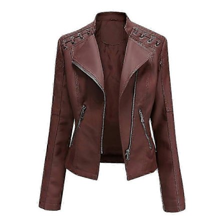 Vår Höst Läderjacka Dam Slim Fit Motorcykel PU Läder Kort Kappa Ståkrage Dam Dragkedja Ytterkläder Ny