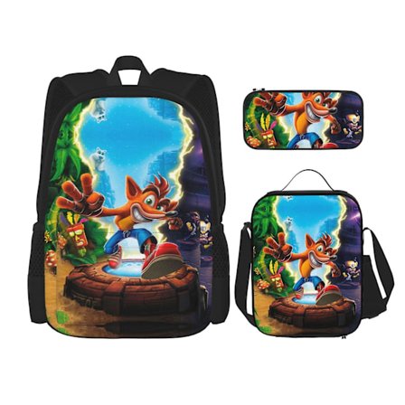 Crash Bandicoot Morsom Ryggsekk Dagstursekk for Reise Anime Veske Notatbokveske Penal Lunch Bag Kombinasjon