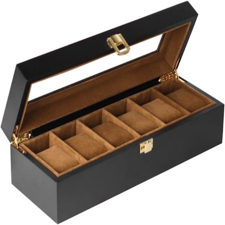 Miesten kellolaatikko, massiivipuinen kellon säilytyslaatikko korujen järjestäjä läpinäkyvällä kannella (6 lokeroa, 31*20*8 cm)