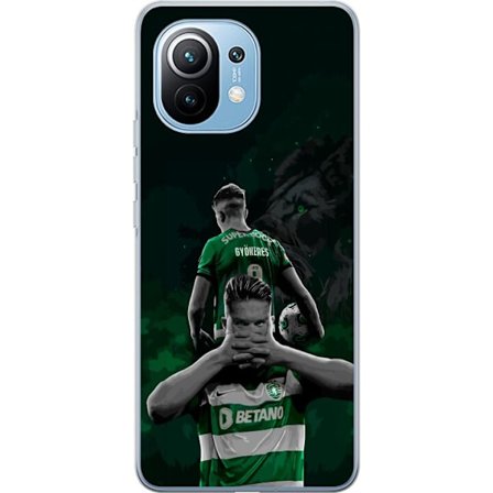 Yhteensopiva Puhelinkuori Xiaomi Mi 11 Neonmotiivi, jossa teksti "Gaming is in my DNA" sinisenä ja punaisena tiiliseinällä, jossa loistava DNA-spiraal