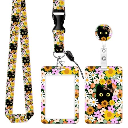 Blomstrete Katte ID-kort Holder, Moteriktig Uttrekkbar Snelle med Justerbar Snor for Kvinner/Barn/Lærere