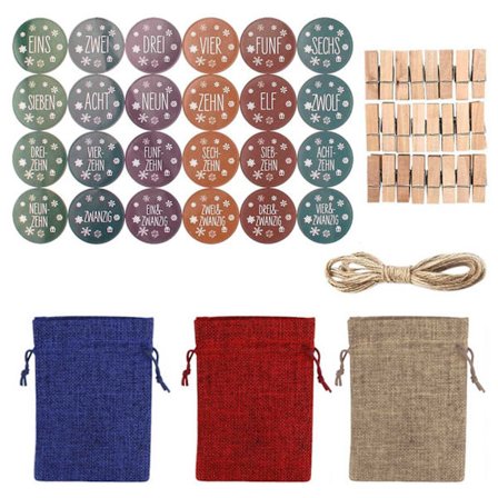 Joulukalenteri Lahjapussisetti 24 Käärepussia 24 Tarraa 24 Klipsiä 10m Hamppuköysi Sarja Joulu Juhla Lahja