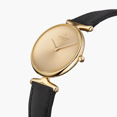 Nordgreen - Duży Złoty Zegarek Damski w Skandynawskim Stylu - Szczotkowana Metalowa Tarcza - Pasek Skórzany Czarny