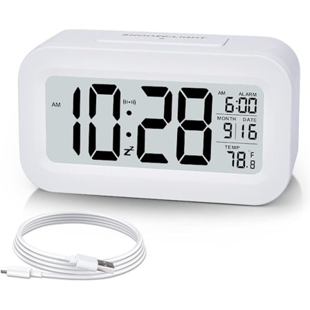 Vækkeur, Lille Digital Vækkeur, 5,1" LCD-skærm med USB-oplader, Snooze, Minutter, Datokalender, Temperatur Alarm Display, Hvid
