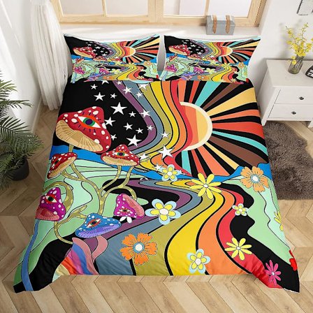 Boho Sopp King Queen Dynetrekk Hippie Regnbue Sengsett Groovy Blomstrete Dynetrekk Tegneserie Stjerne Polyester Dynetrekk