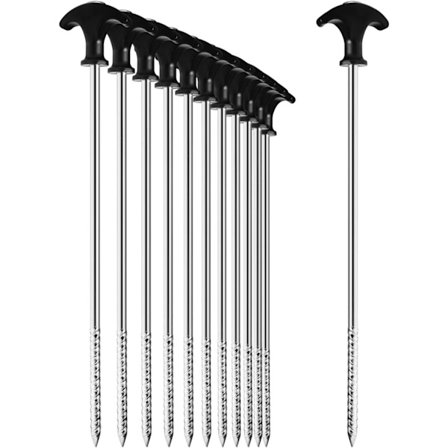 12x Ståltältpinnar - Tunga markpinnar med gänga för camping och utomhusbruk - Idealisk för normal och hård mark med T-handtag