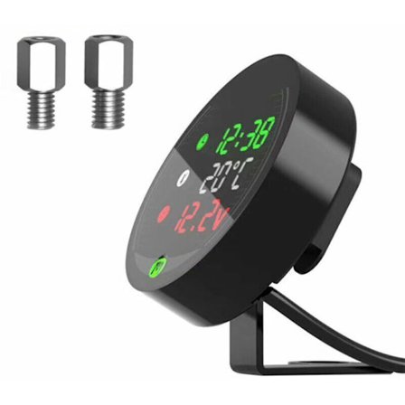 Motorsykkel Modifisert Vanntemperaturmåler 12V Voltmeter Stoppeklokke USB Mobiltelefon Lading 5-i-1 Vanntett Digital Display
