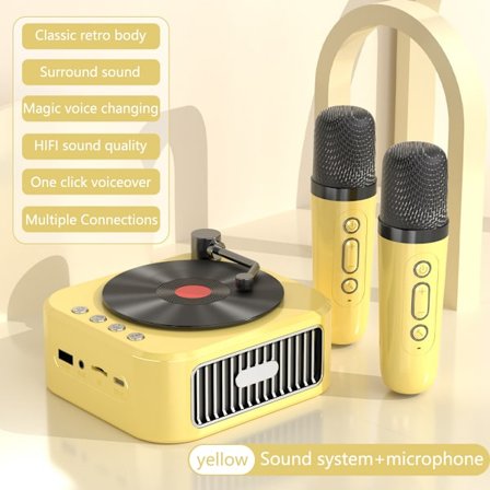 Gul + 2 Mikrofoner - Ny Design Portabel Mini CD-spelare Klassisk Retro Trådlös BT Stereo Högtalare Tung Bas FM USB Flash Drive TF Handsfree