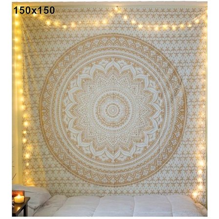 Keltainen Mandala Boheemi Jooga Matto Intialainen Seinävaate - 150x150cm