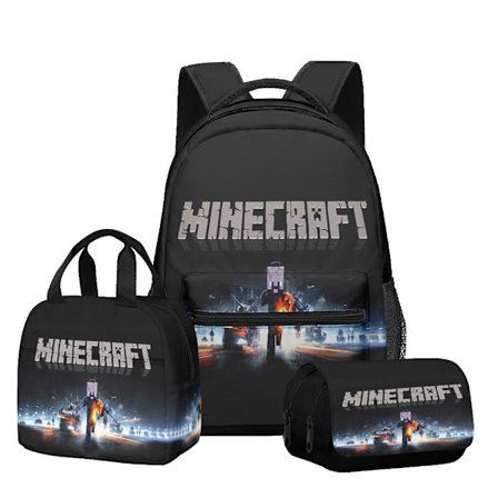 3D Nytt Produkt Minecraft Ryggsekk til Barneskole og Ungdomsskole, Matboks, Dobbelt Lag Pennal, Tredelt Sett