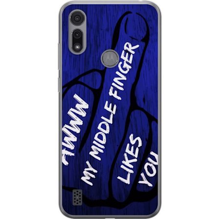 Kompatibelt Mobildeksel til Motorola Moto E6i Mørk typografisk illustrasjon med hjerteform og budskap om vennskap mot dyp blå tretekstur