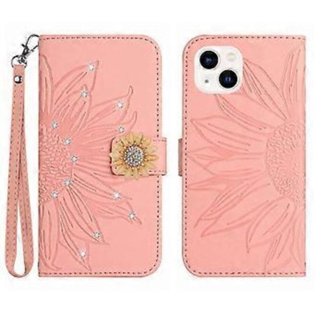 Kompatibel med iPhone 13 Præget solsikke med diamanter Magnetisk kortholder pung telefoncover med kort rem - Pink