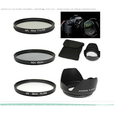 "58mm Objektivfiltersats: UV, CPL, ND4 Motljusskydd och Objektivlock kompatibelt med Canon Nikon Sony Panasonic kameror"